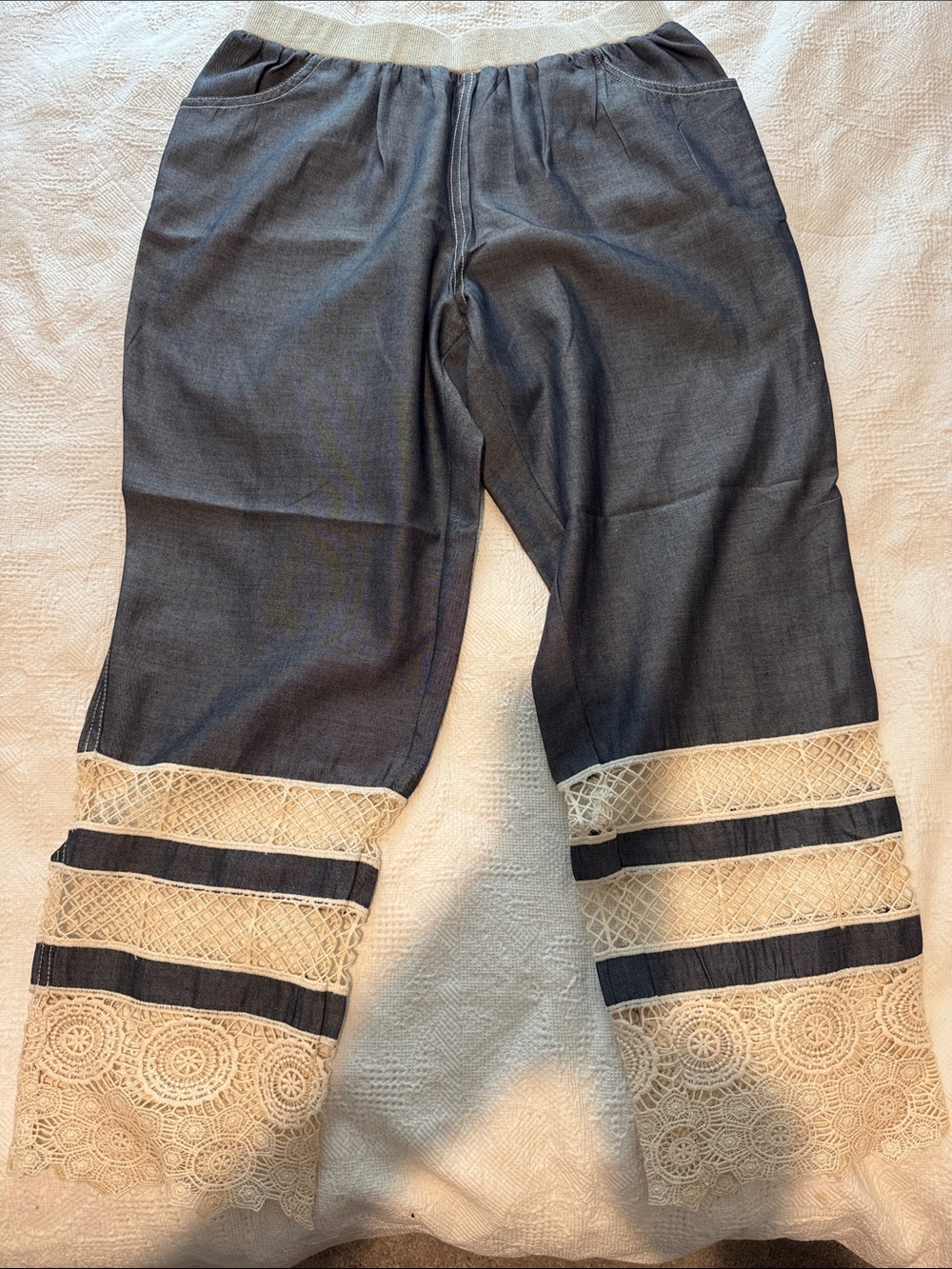 Anna Sui Two-Tone Blue & Cream Lace-Trim  Pants